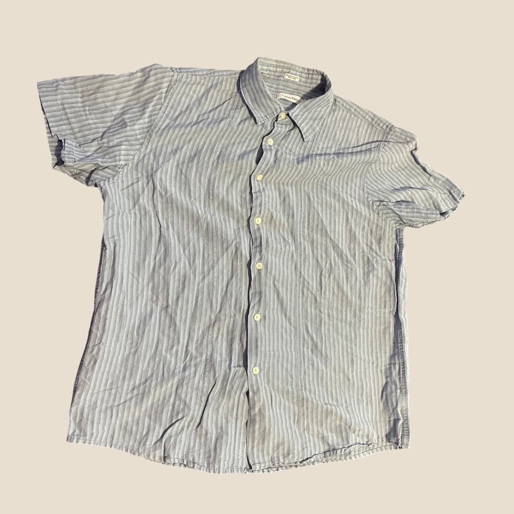 Calvin Klein Mens Blue Pinstripe Linen Cotton Short Sleeve Button Up Shirt L‎
